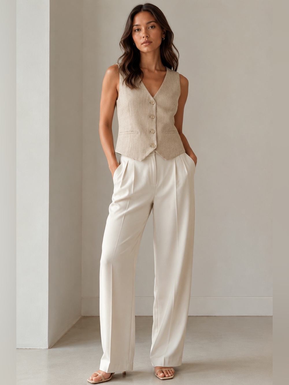 Wilfred Aritzia Tailored Button Front Vest Size 10 Beige Oatmeal Sleeveless